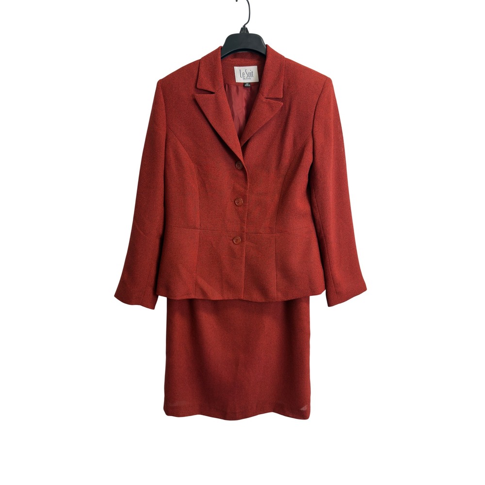 Le Suit Petite Womens 12P Rust Red 2 Piece Skirt Suit Blazer Set Textured Crepe